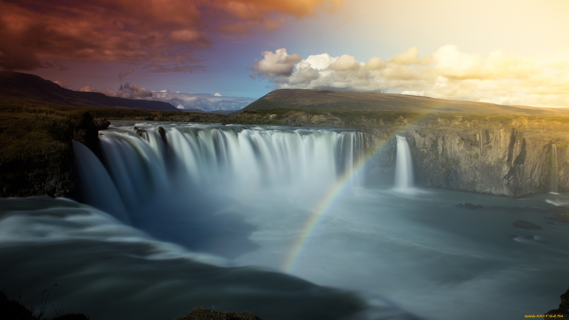 природа, радуга, небо, водопад