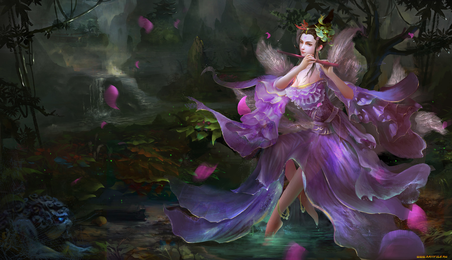 фэнтези, девушки, природа, музыка, платье, сидит, девушка, фэнтази