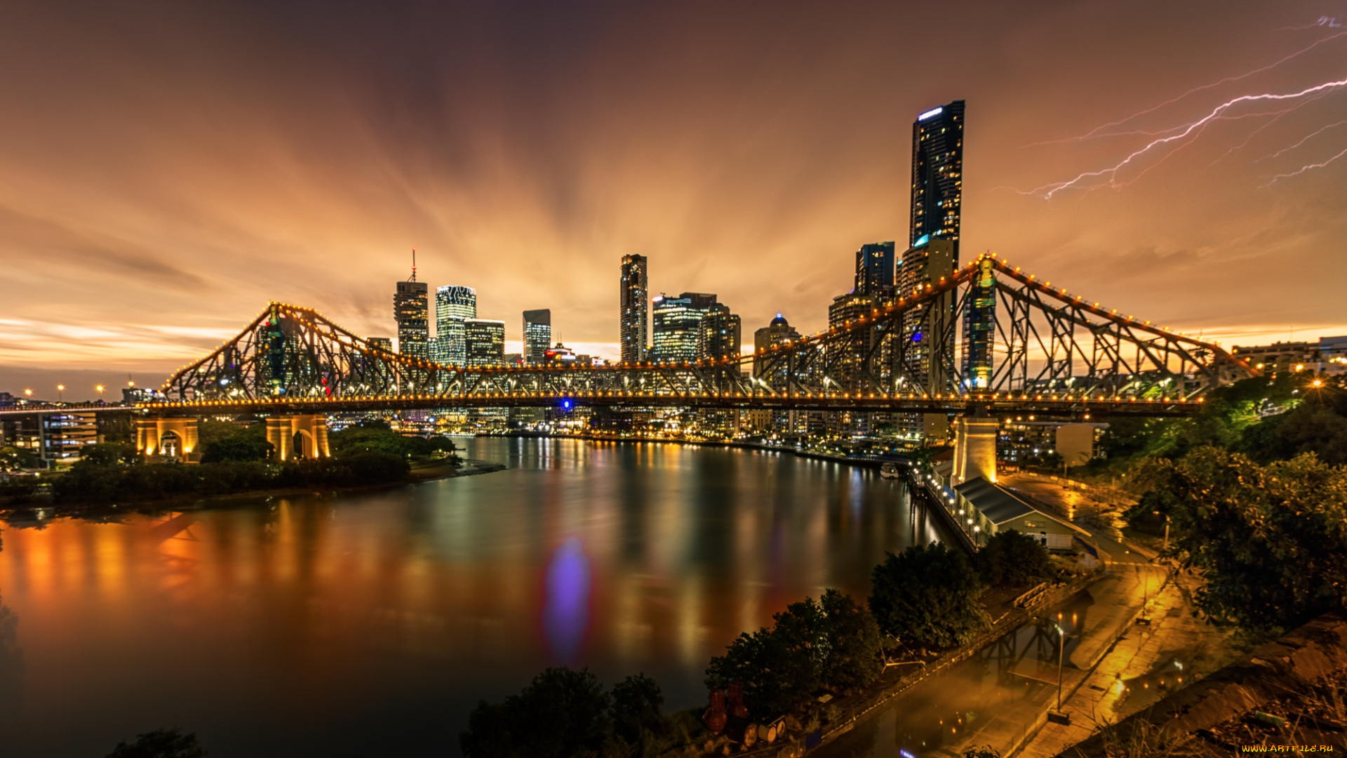 города, -, мосты, ночь, огни