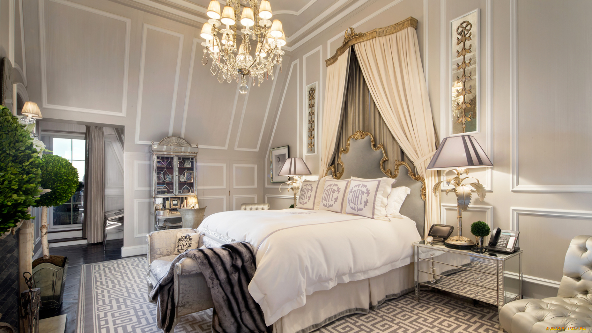 интерьер, спальня, кровать, светильник