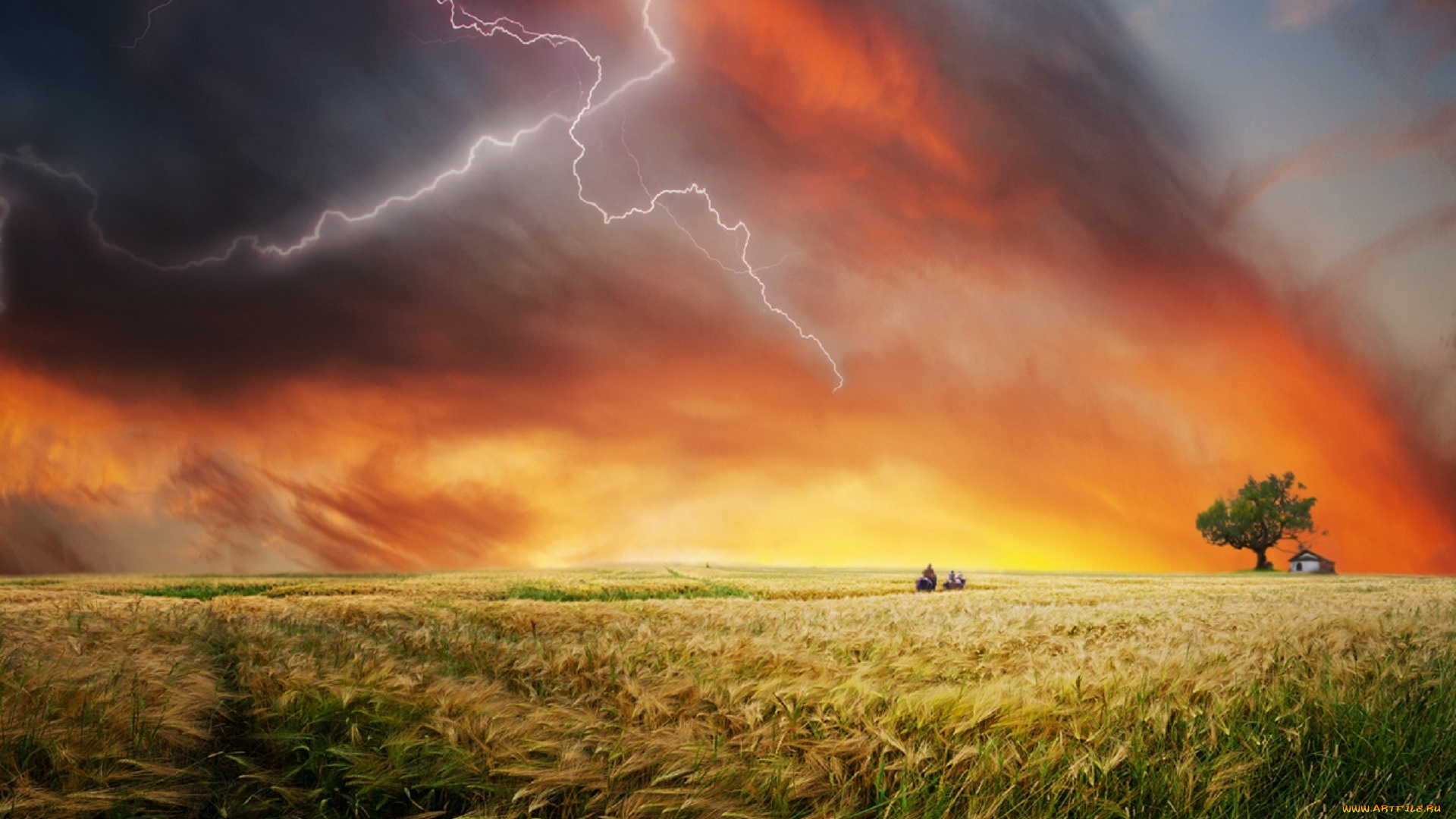 природа, молния, , гроза, ambiaso, огненное, небо, горизонт, поле