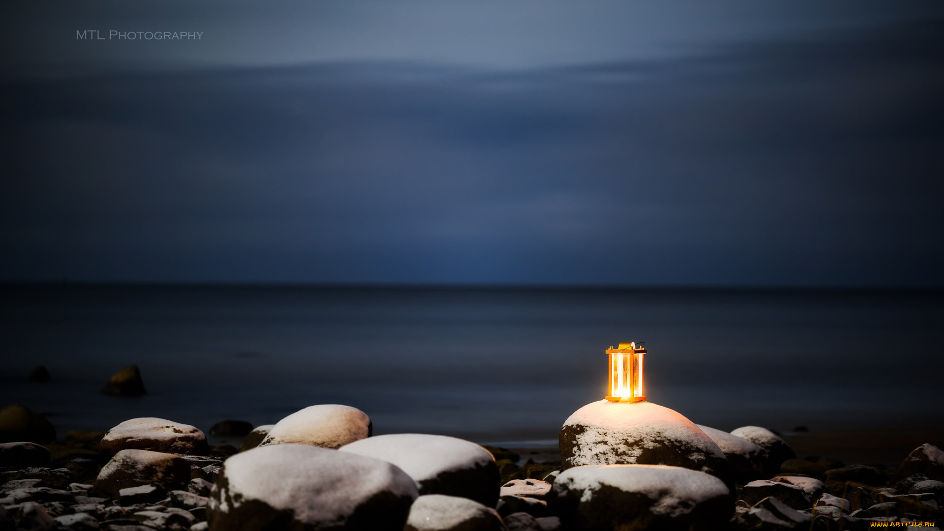 природа, побережье, море, камни, ночь, фонарь