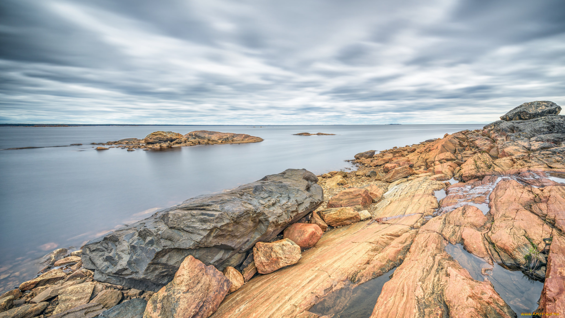 природа, побережье, море, камни, облака