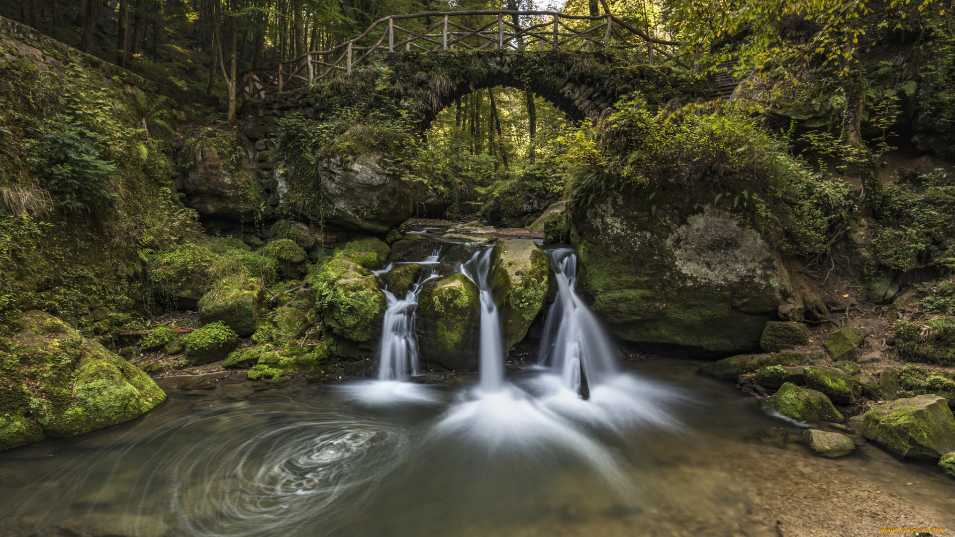 природа, водопады, камни, поток, лес