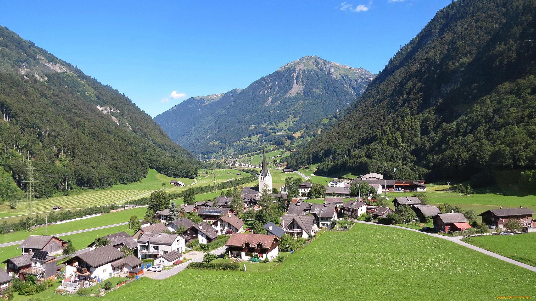 города, -, пейзажи, горы, дома, ручей, облака