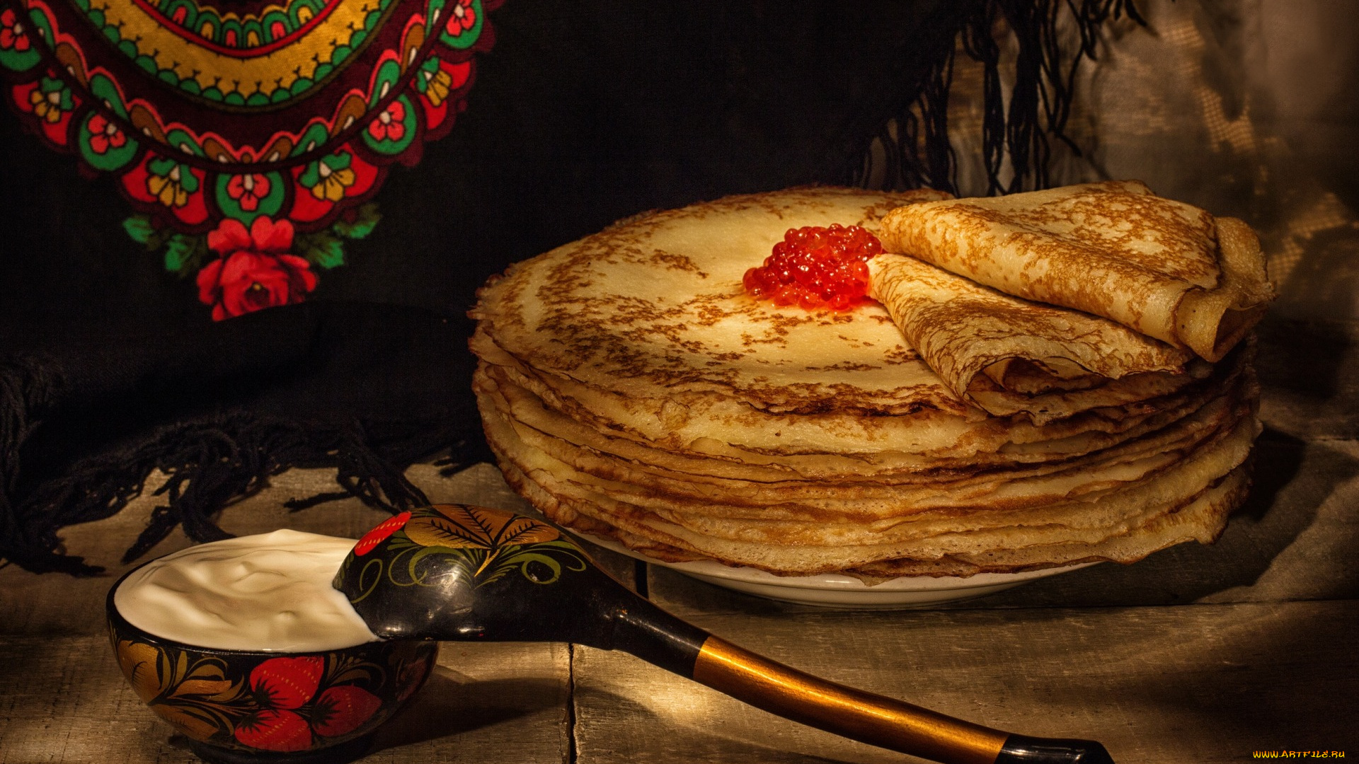 еда, блины, , оладьи, сметана, икра, масленица, ложка