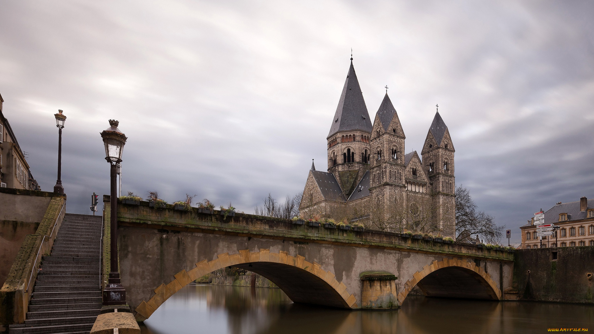 города, -, мосты, сумерки, дворец, тучи, мост, лестница, metz, канал, храм, дома, франция, небо, река, облака, фонари