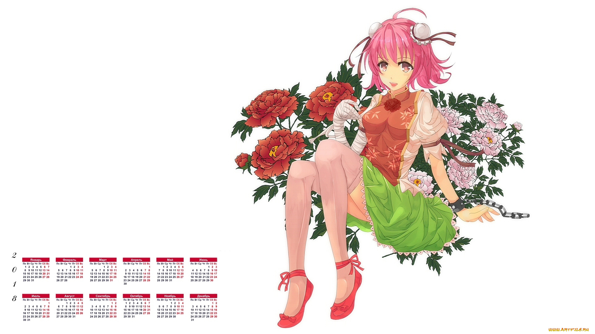 календари, аниме, 2018, девушка, взгляд, цветы