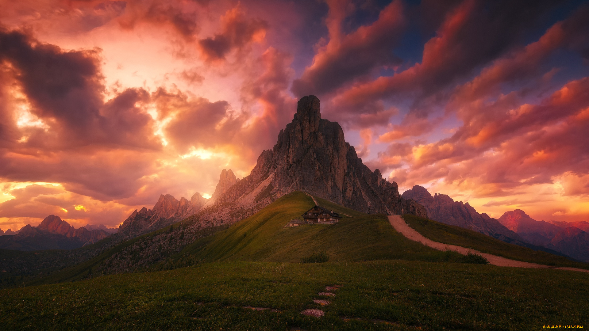природа, восходы, закаты, небо, облака, дорога, тропа, вечер, дом, утро, альпы, луга, горы