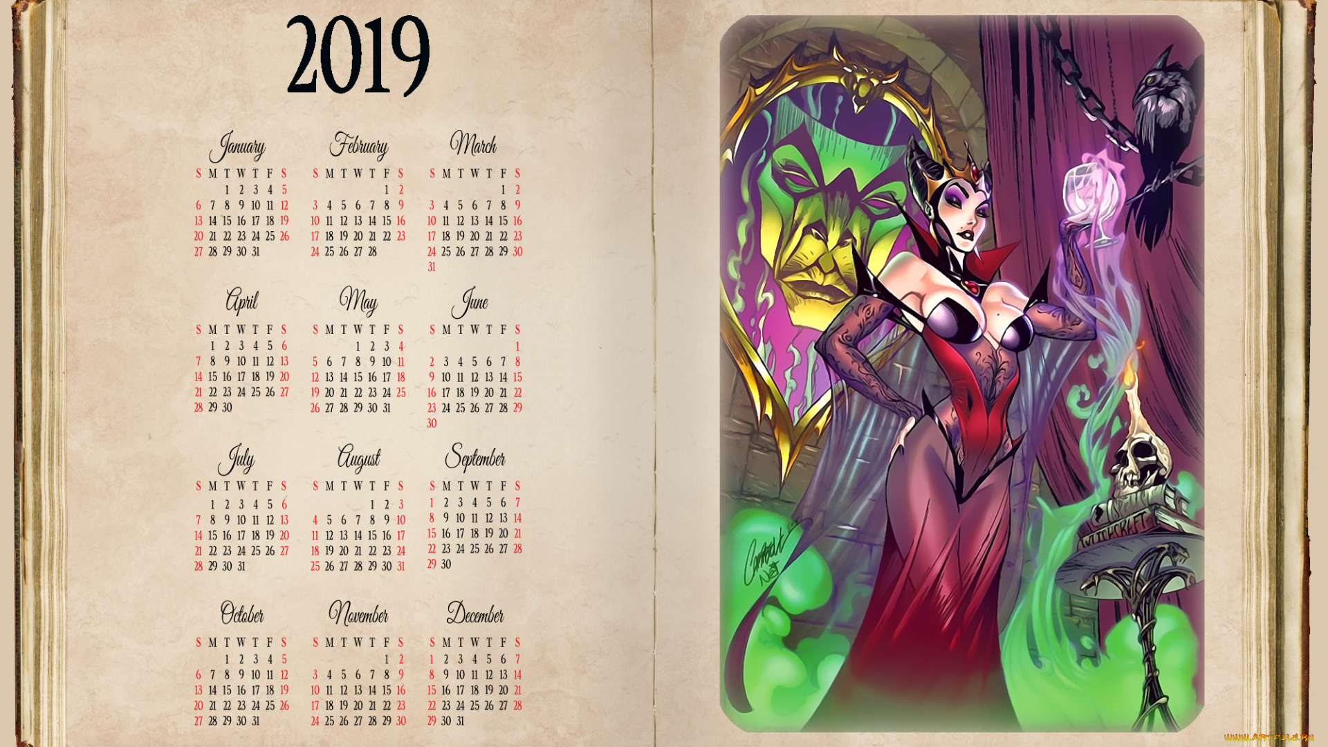 календари, фэнтези, магия, женщина, птица