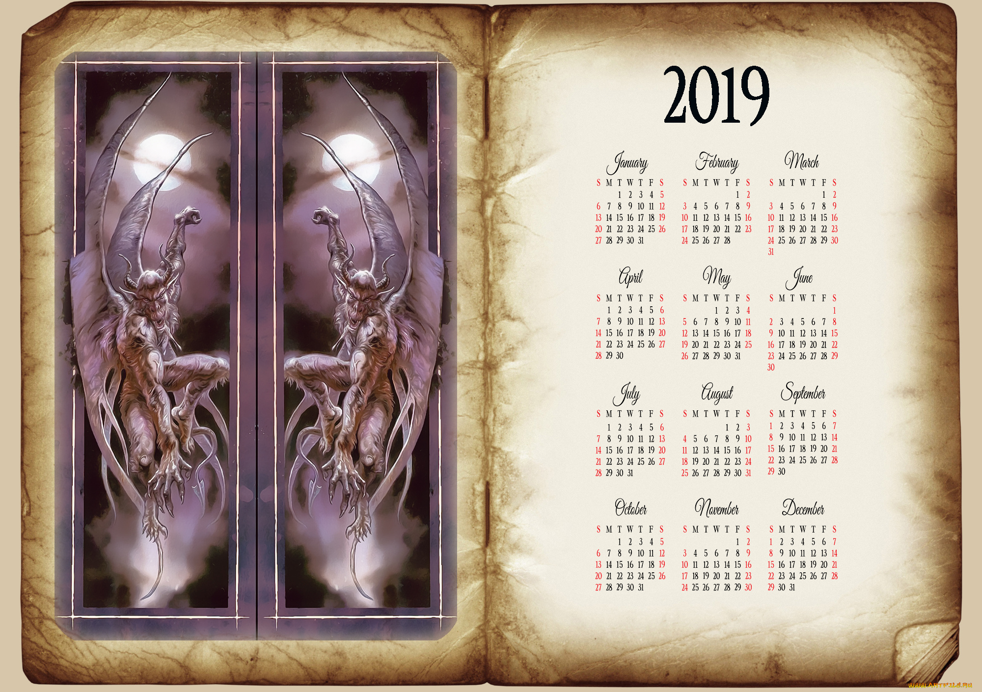 календари, фэнтези, крылья, существо