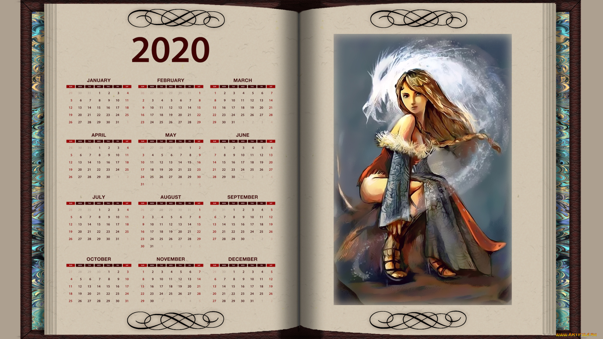 календари, фэнтези, книга, девушка, взгляд, calendar, 2020
