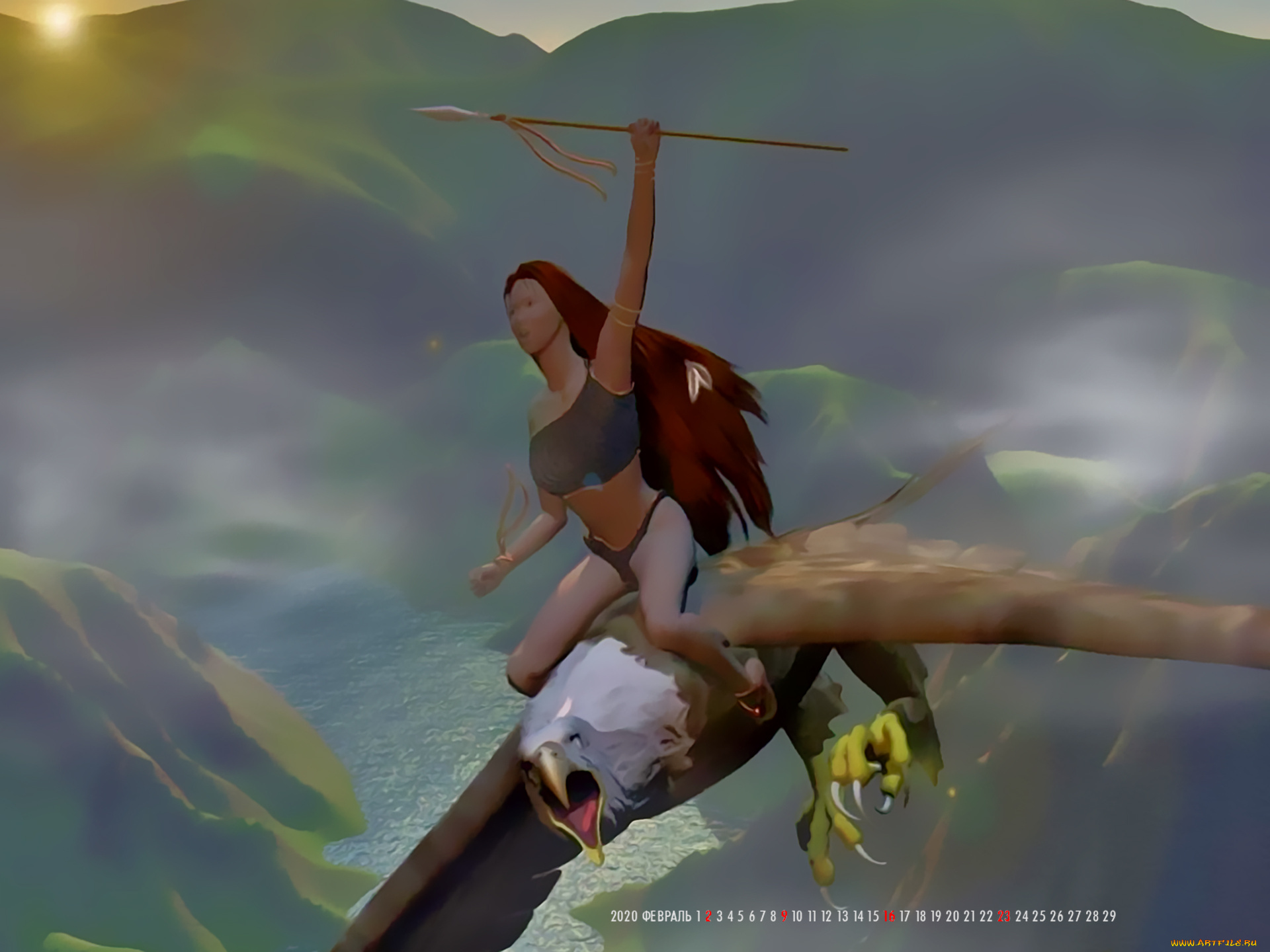 календари, 3д-графика, орел, птица, полет, девушка, calendar, 2020