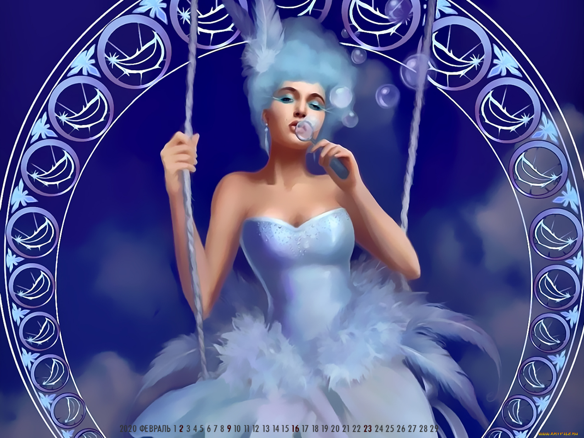 календари, фэнтези, 2020, calendar, платье, качели, пузыри, девушка