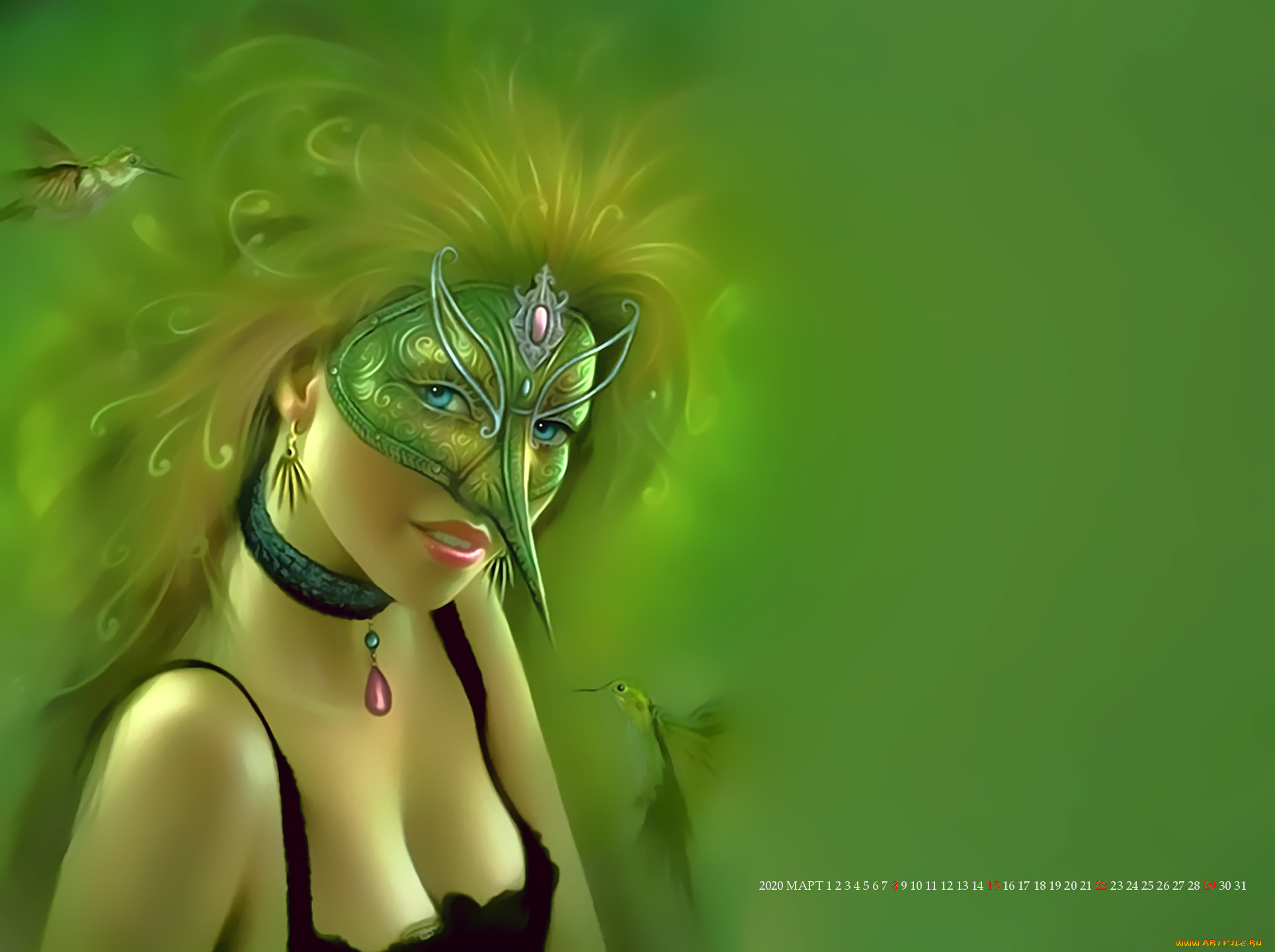 календари, фэнтези, маска, птица, девушка, клюв, лицо, calendar, 2020