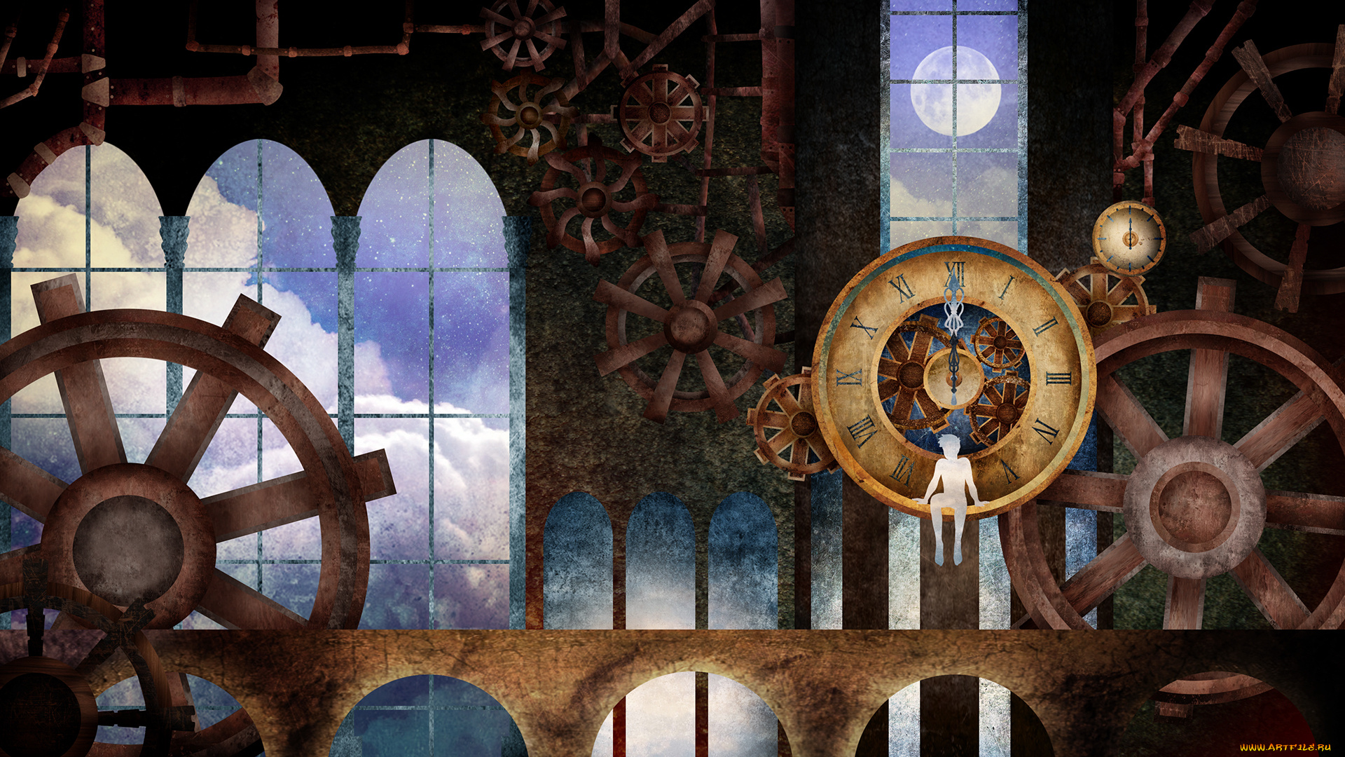 рисованное, люди, человек, часы, механизм