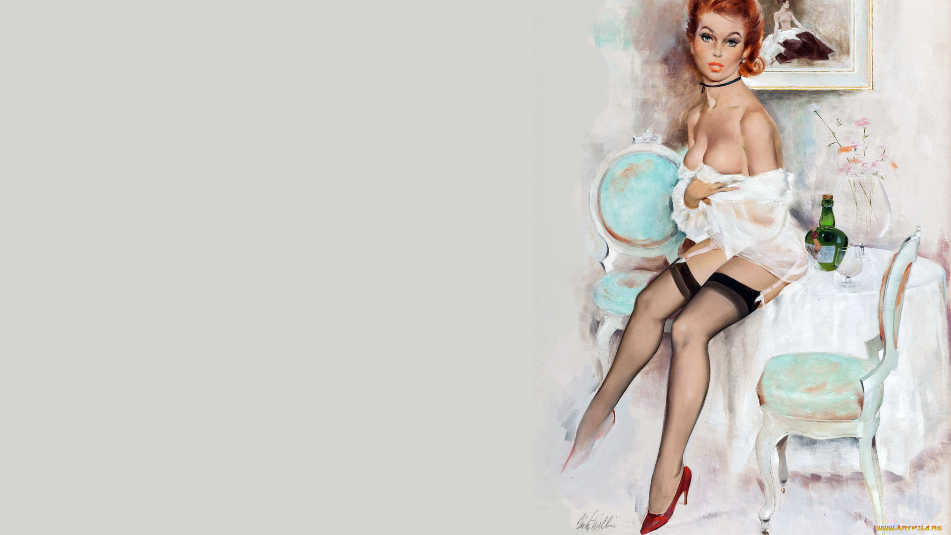 рисованное, люди, девушка, пин-ап, белье, чулки, стулья, стол, картина
