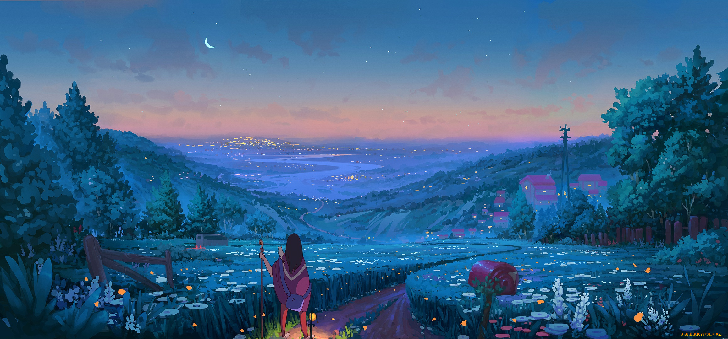 рисованное, денис, истомин, девушка, тропинка, луга, панорама