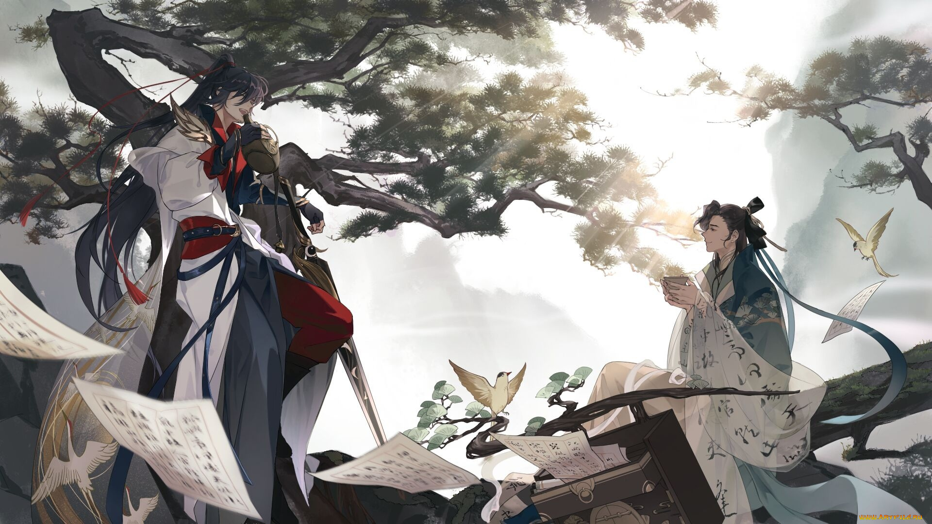 аниме, unknown, , другое, , парни, листы, птицы, деревья