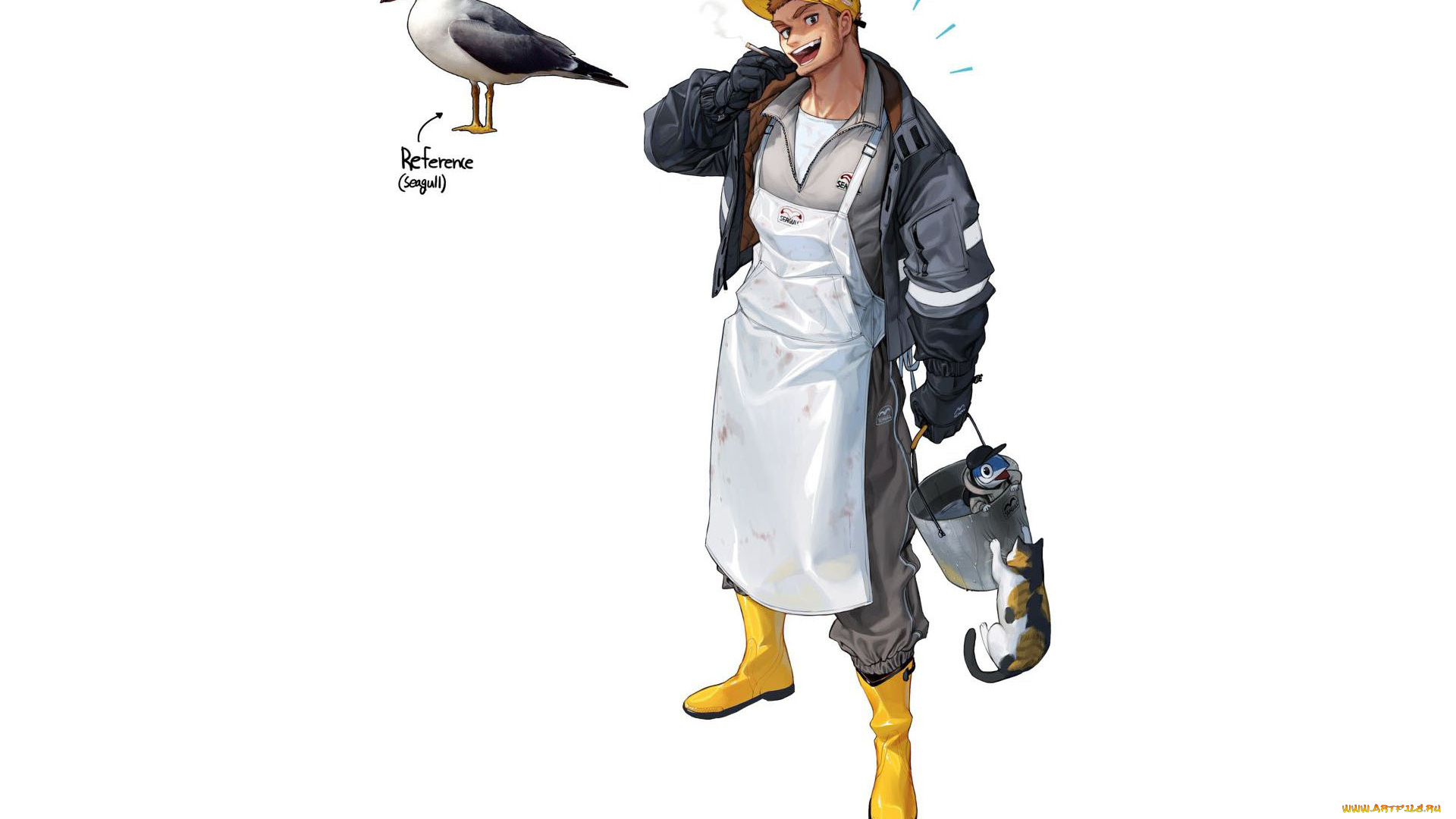 аниме, животные, , существа, парень, кепка, фартук, ведро, рыба, кот, чайка