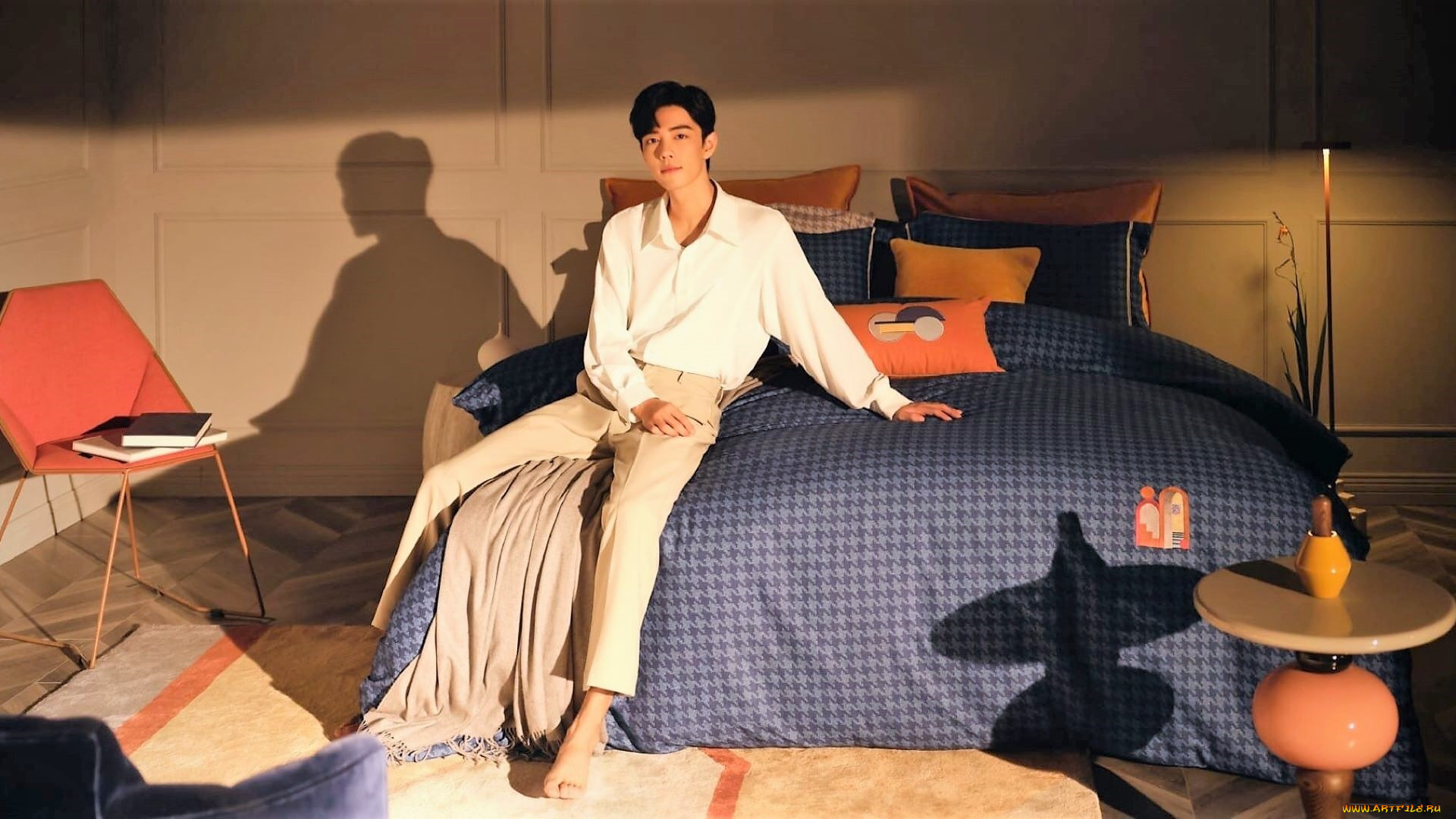 мужчины, xiao, zhan, актер, рубашка, брюки, постель