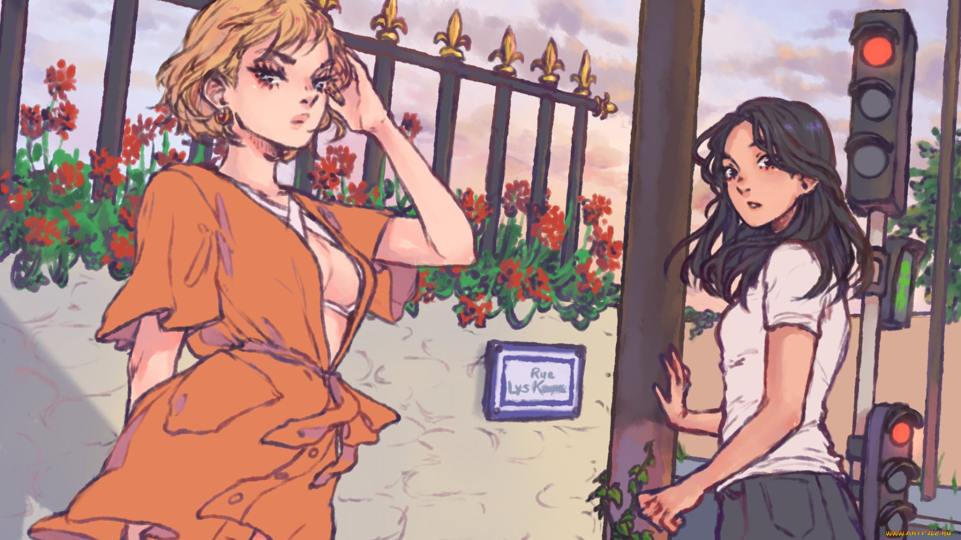 рисованное, люди, девушки, забор, светофоры