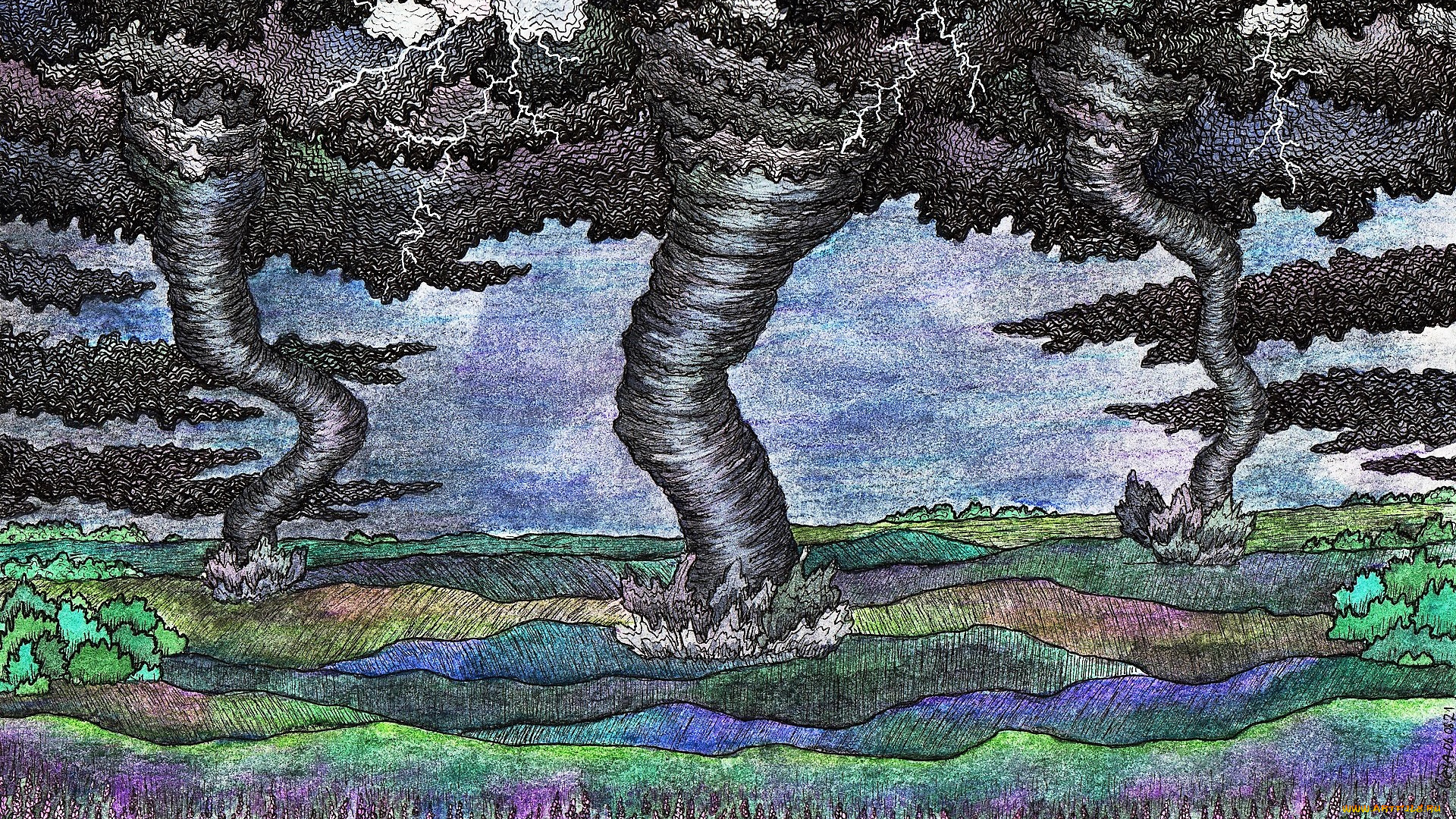 рисованное, природа, смерчи, торнадо, поля