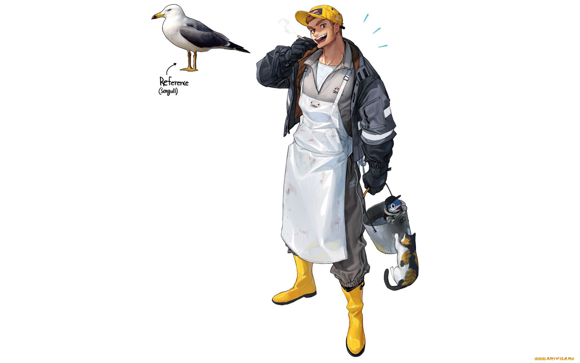 аниме, животные, , существа, парень, кепка, фартук, ведро, рыба, кот, чайка