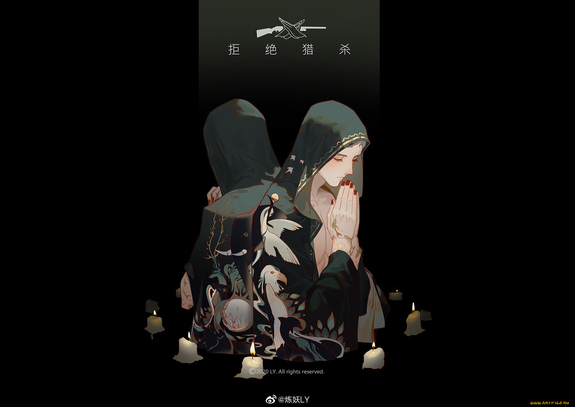 аниме, unknown, , другое, , парень, капюшон, молитва, свечи