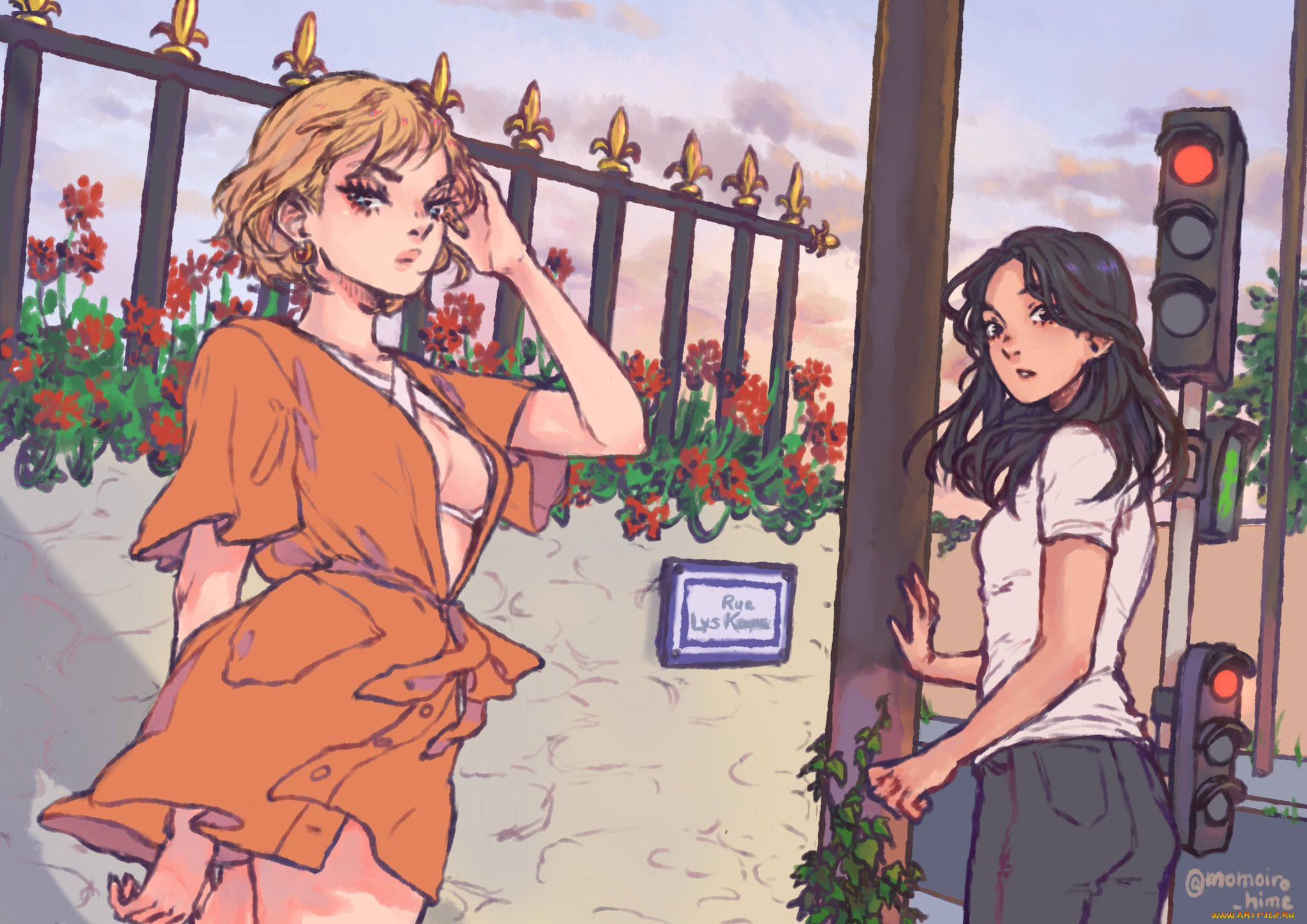 рисованное, люди, девушки, забор, светофоры
