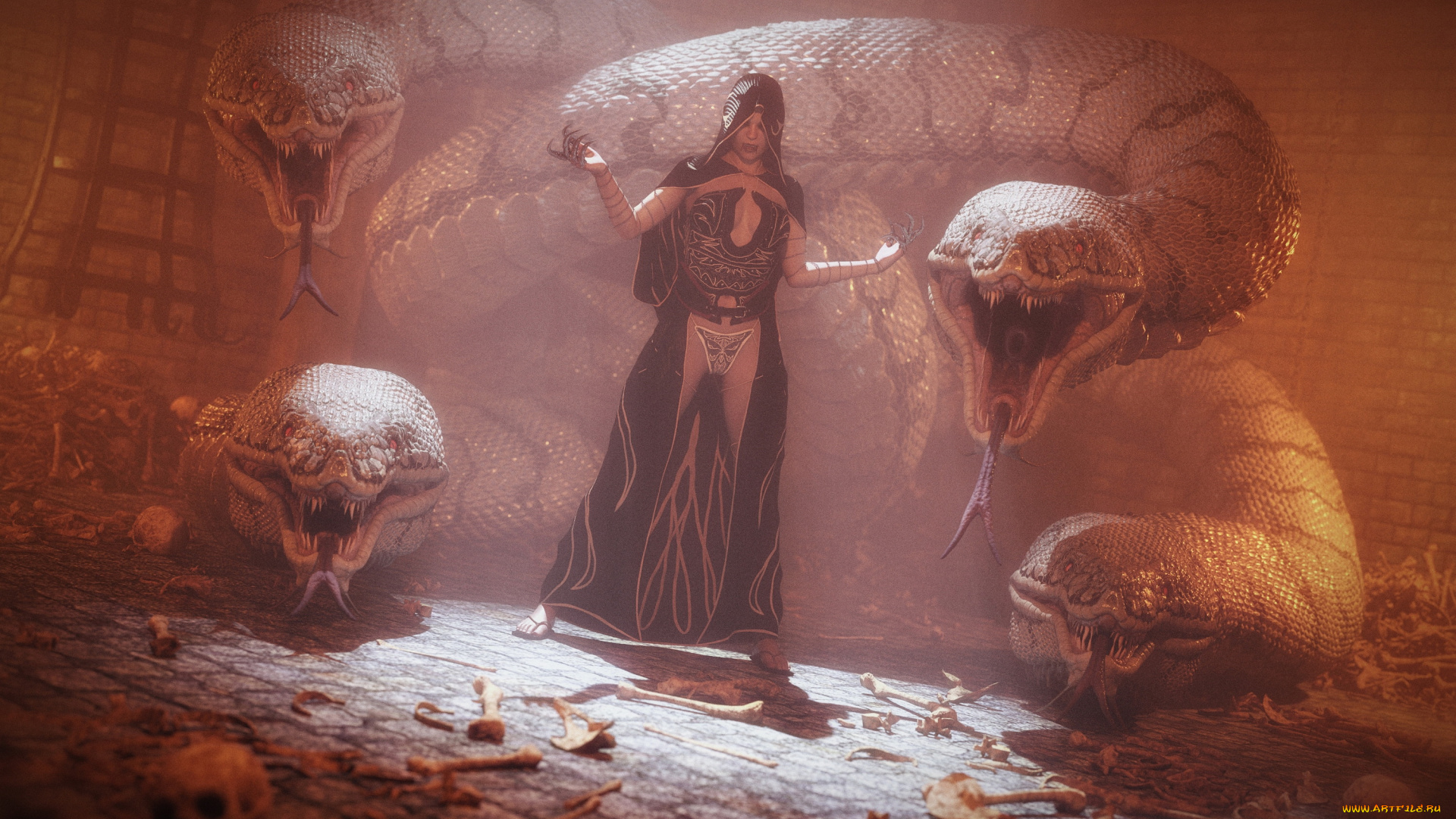 3д, графика, люди, и, животные, , people, and, animals, девушка, фон, змея