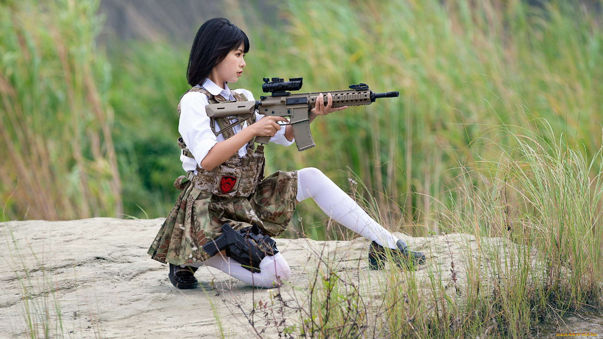 девушки, -, девушки, с, оружием, азиатка, поза, винтовка