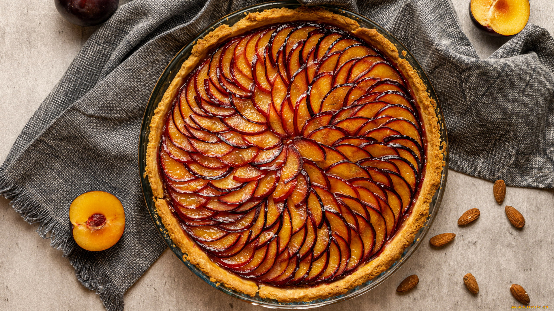 еда, пироги, сливовый, пирог, сливы, миндаль