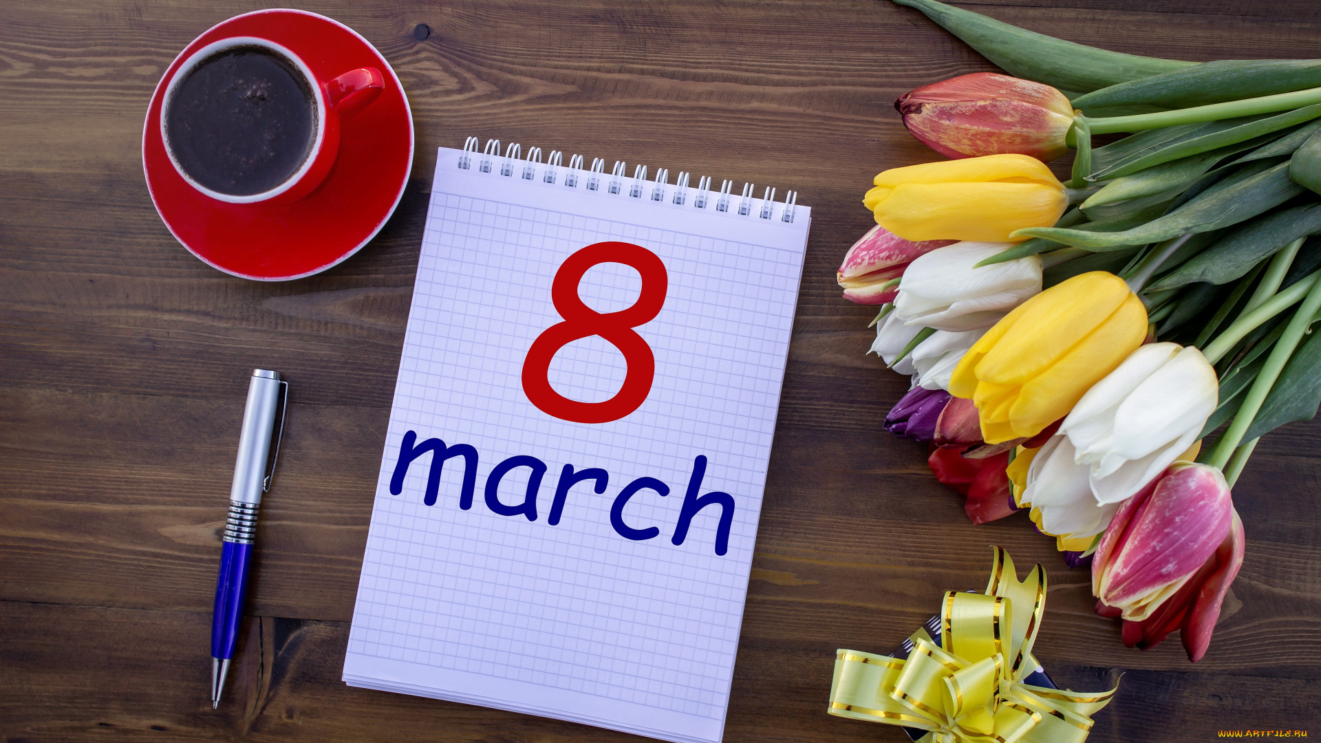 праздничные, международный, женский, день, -, 8, марта, блокнот, ручка, кофе, тюльпаны