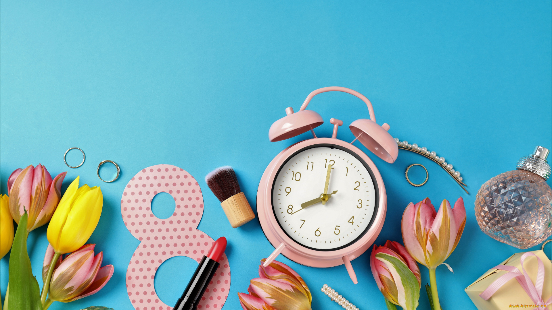 праздничные, международный, женский, день, -, 8, марта, будильник, тюльпаны, помада, восьмерка