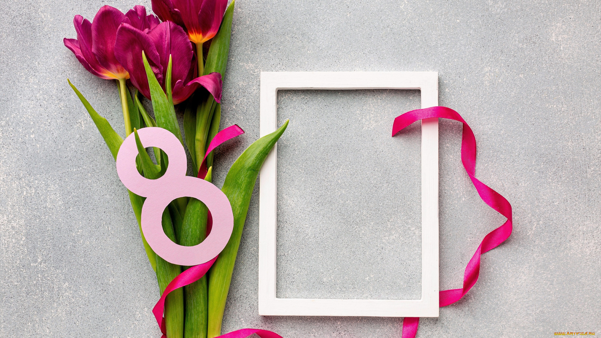 праздничные, международный, женский, день, -, 8, марта, тюльпаны, восьмерка, лента, рамка