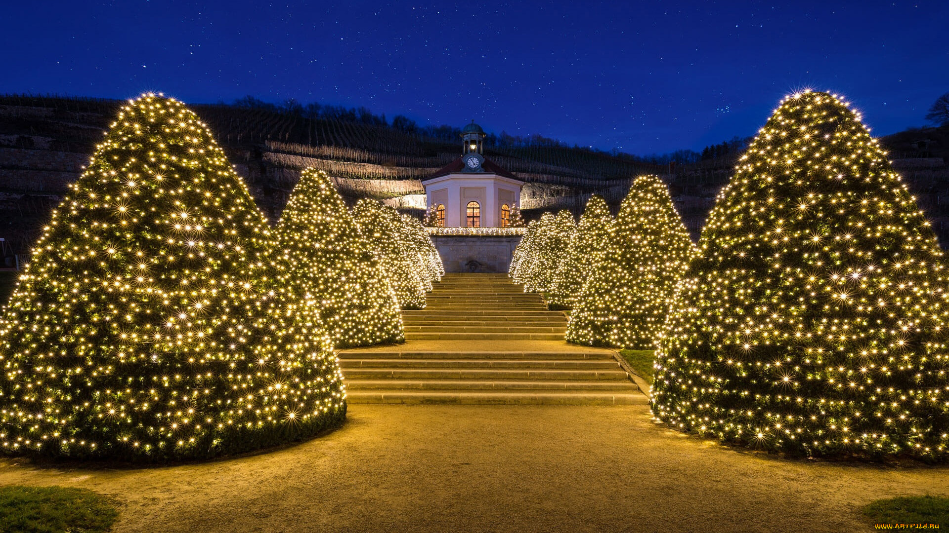 праздничные, новогодние, пейзажи, ночь, звезды, деревья, гирлянды