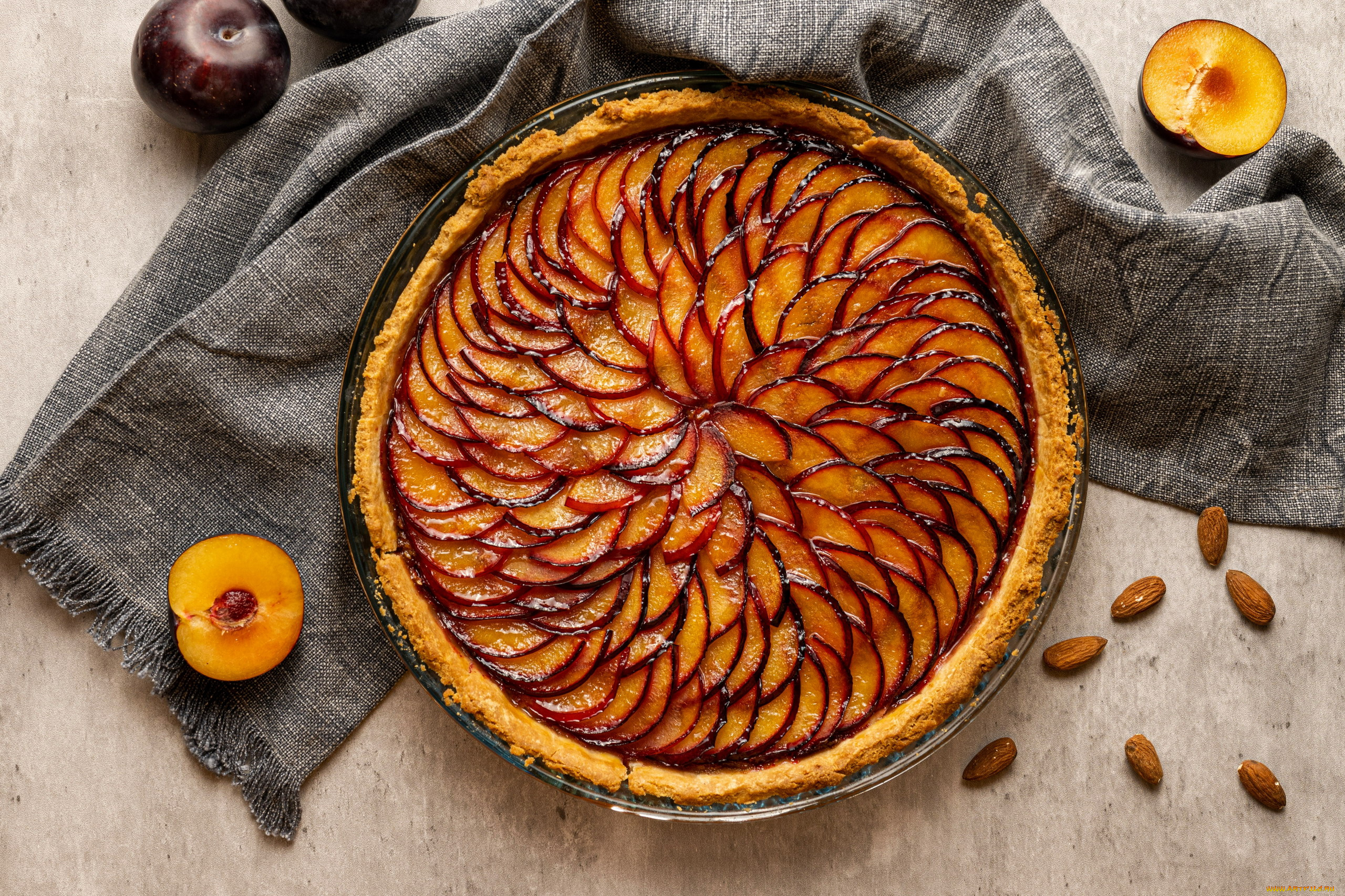 еда, пироги, сливовый, пирог, сливы, миндаль