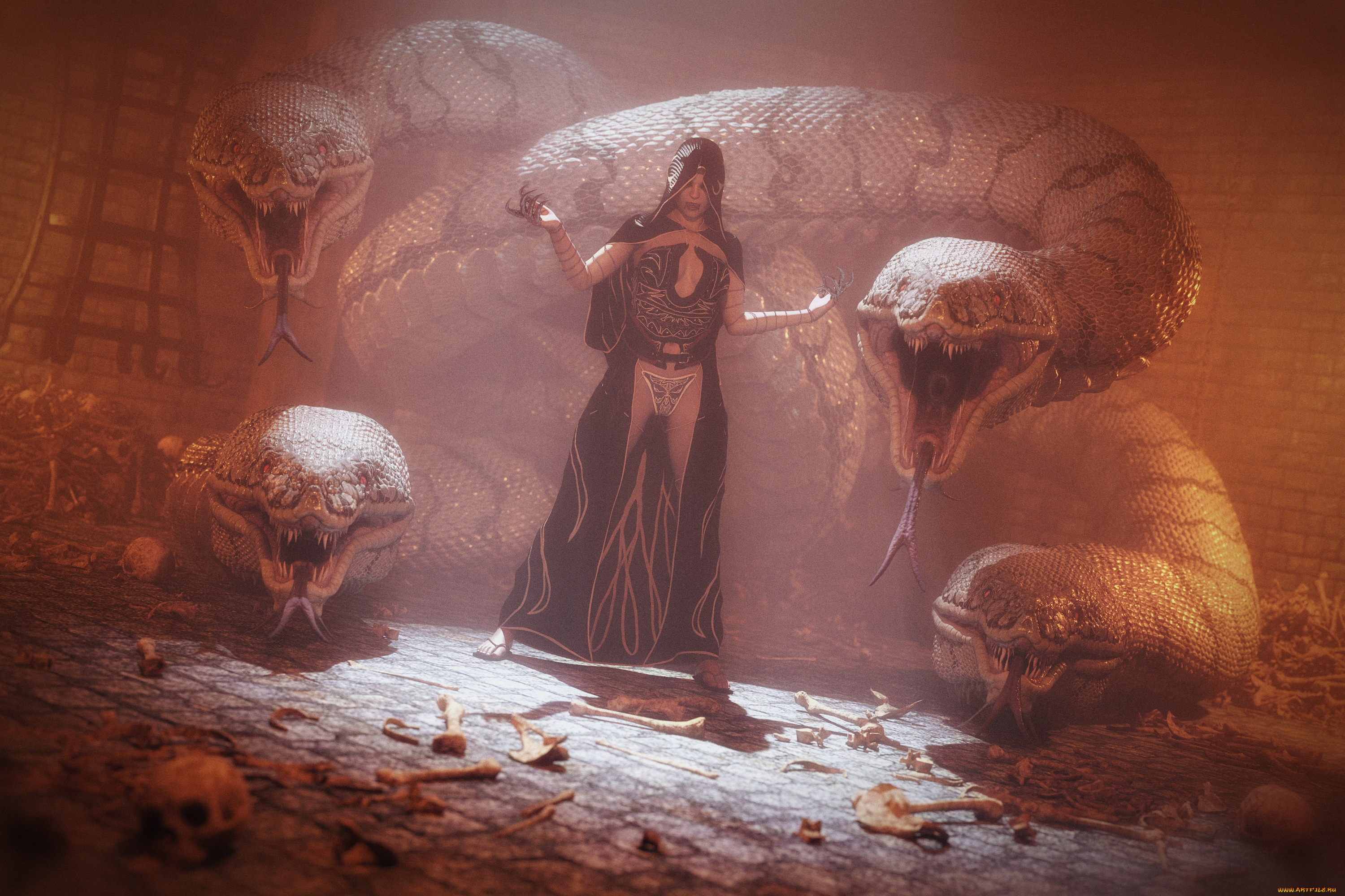 3д, графика, люди, и, животные, , people, and, animals, девушка, фон, змея