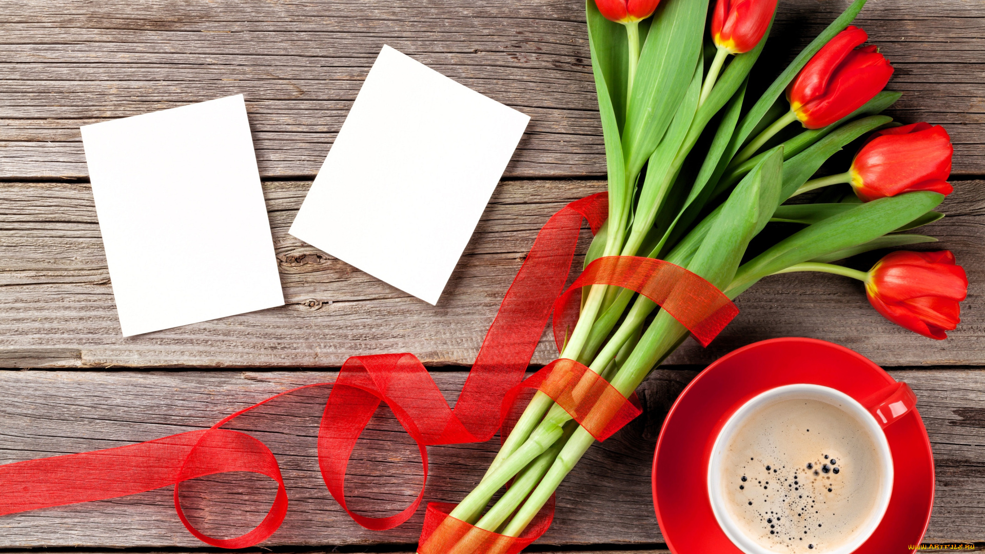 цветы, тюльпаны, письма, лента, чашка, напиток