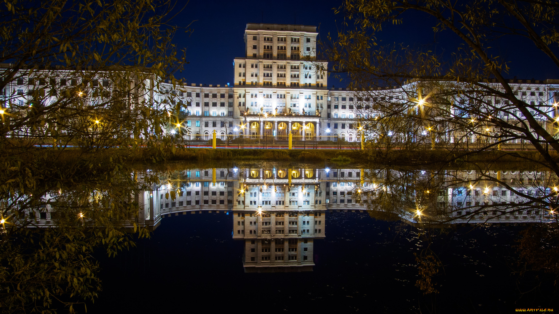 города, москва, , россия, дома, ночь, oтражение, ветки, московский, государственный, технический, университет, имени, баумана