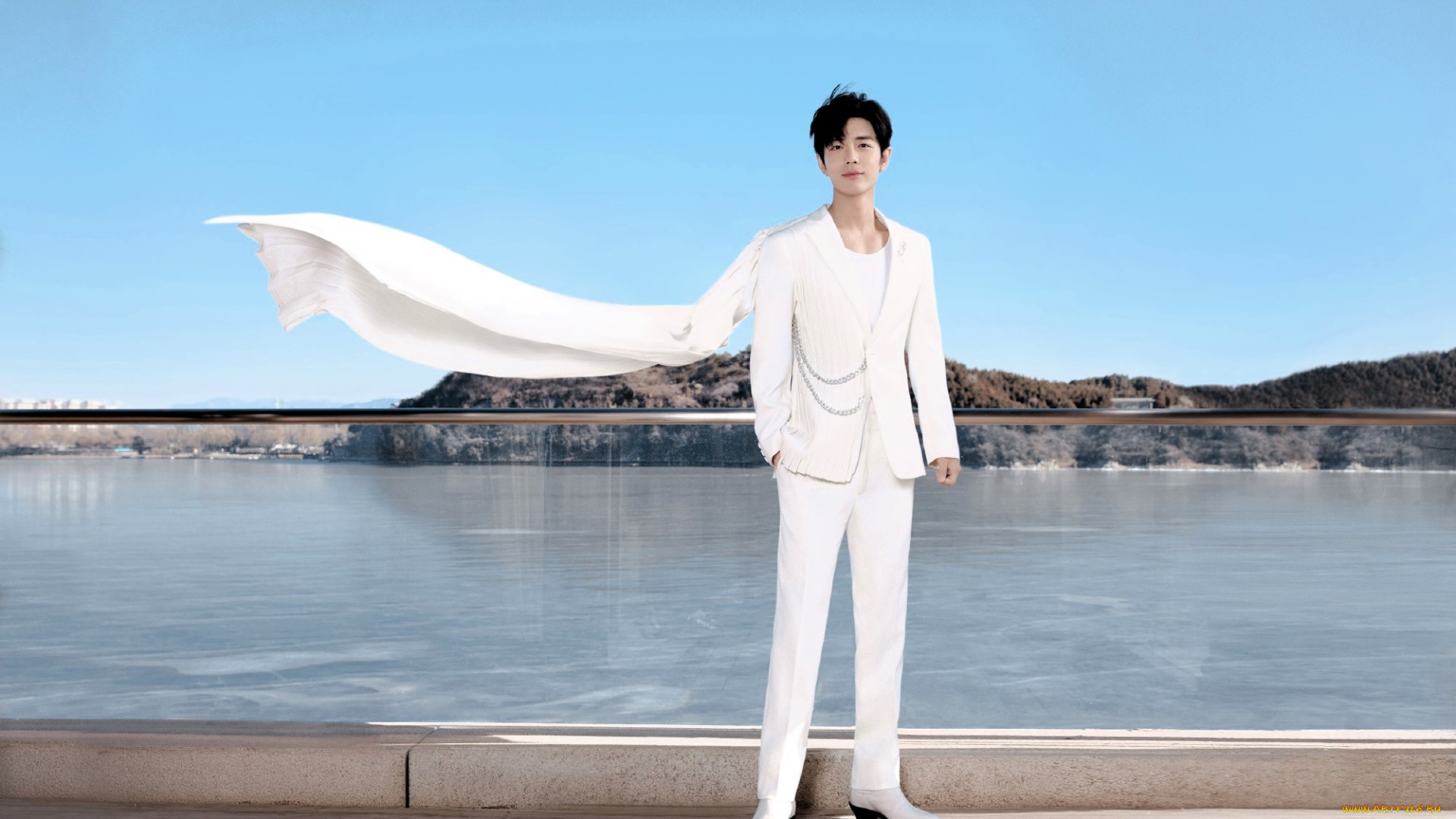 мужчины, xiao, zhan, актер, костюм, шлейф, балкон, море