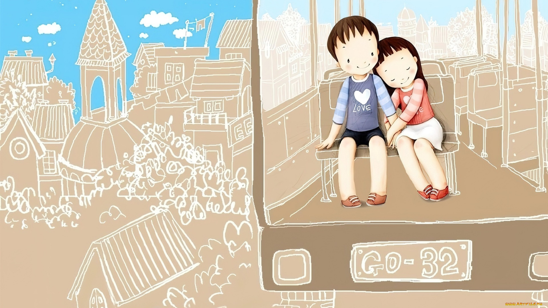 рисованное, дети, мальчик, девочка, город, автобус