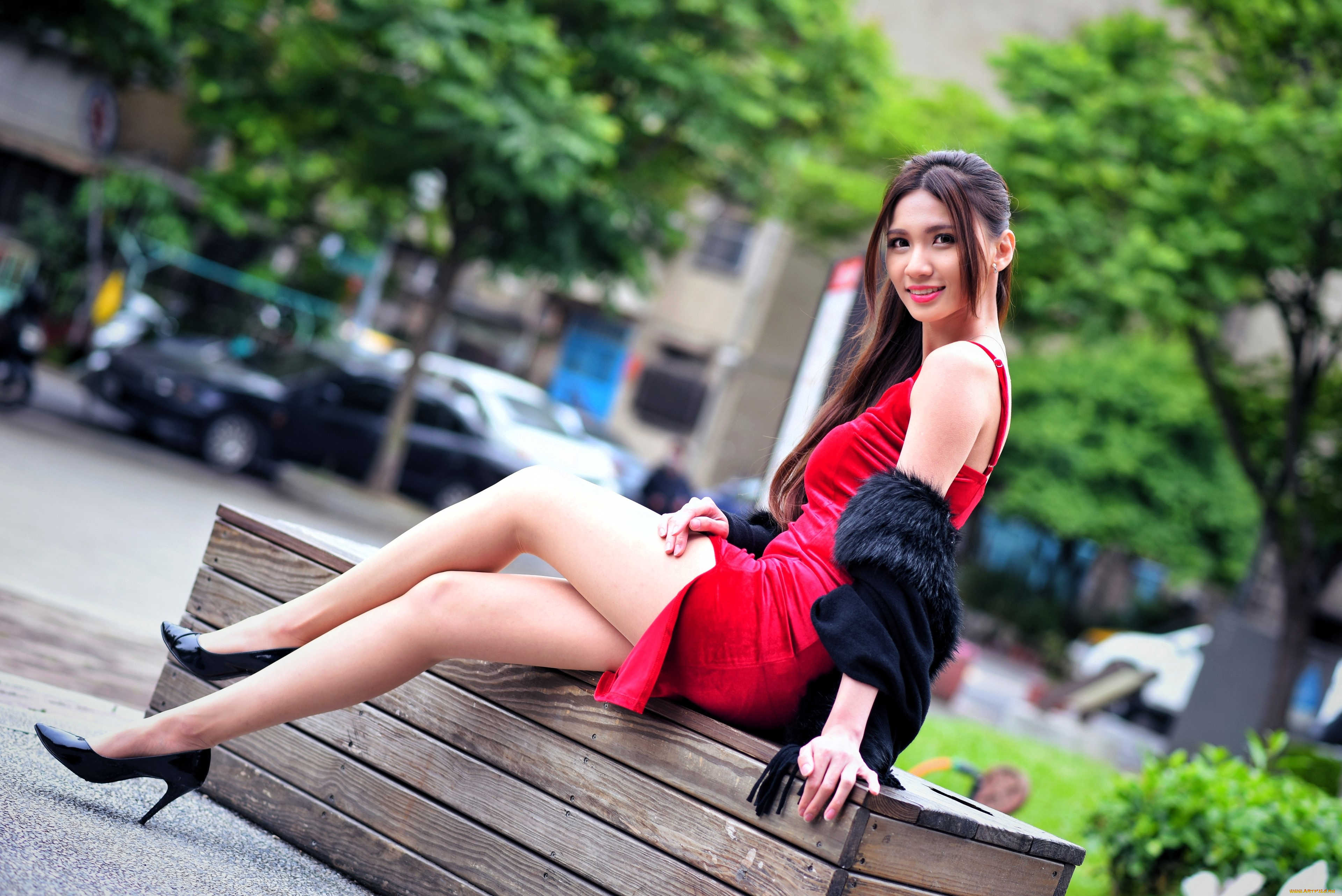 девушки, -, азиатки, шатенка, платье, ящик