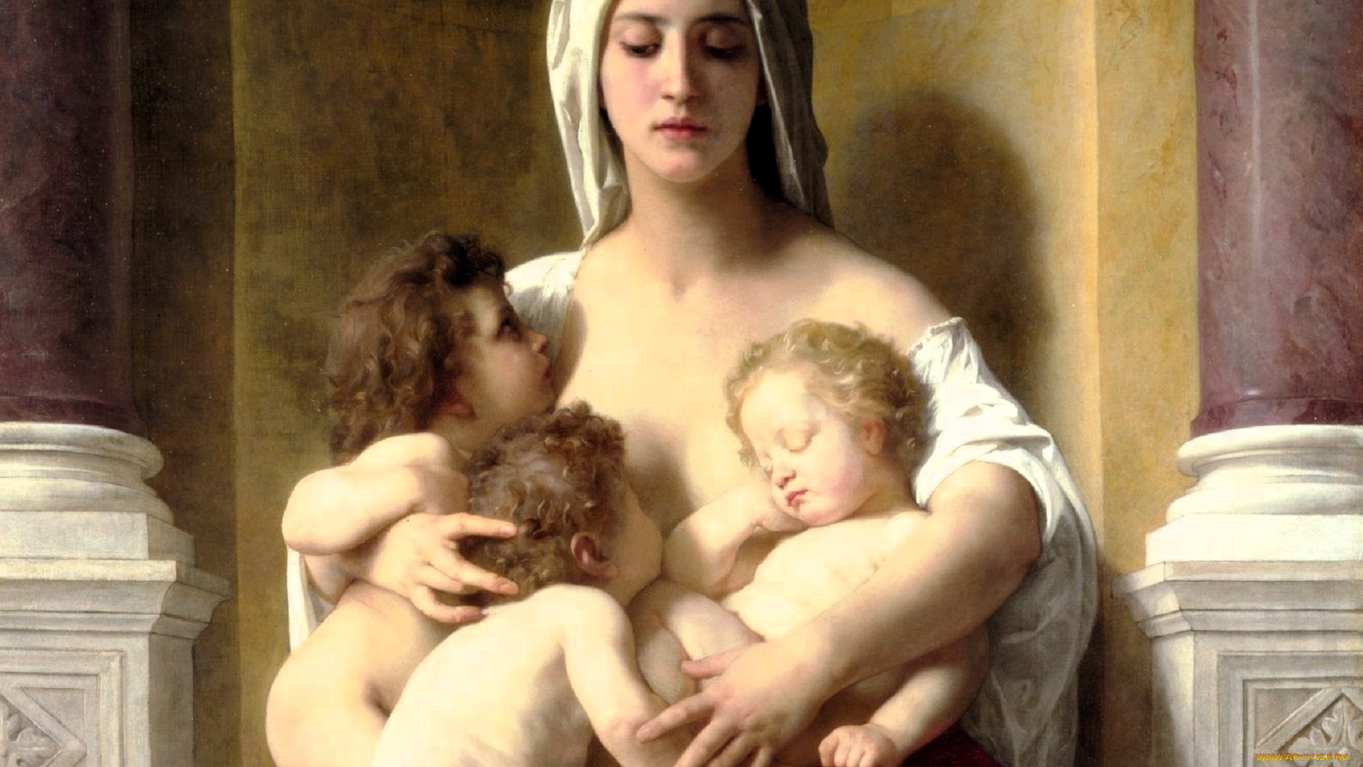 adolphe-william, bouguereau, рисованное, женщина, дети, колонны