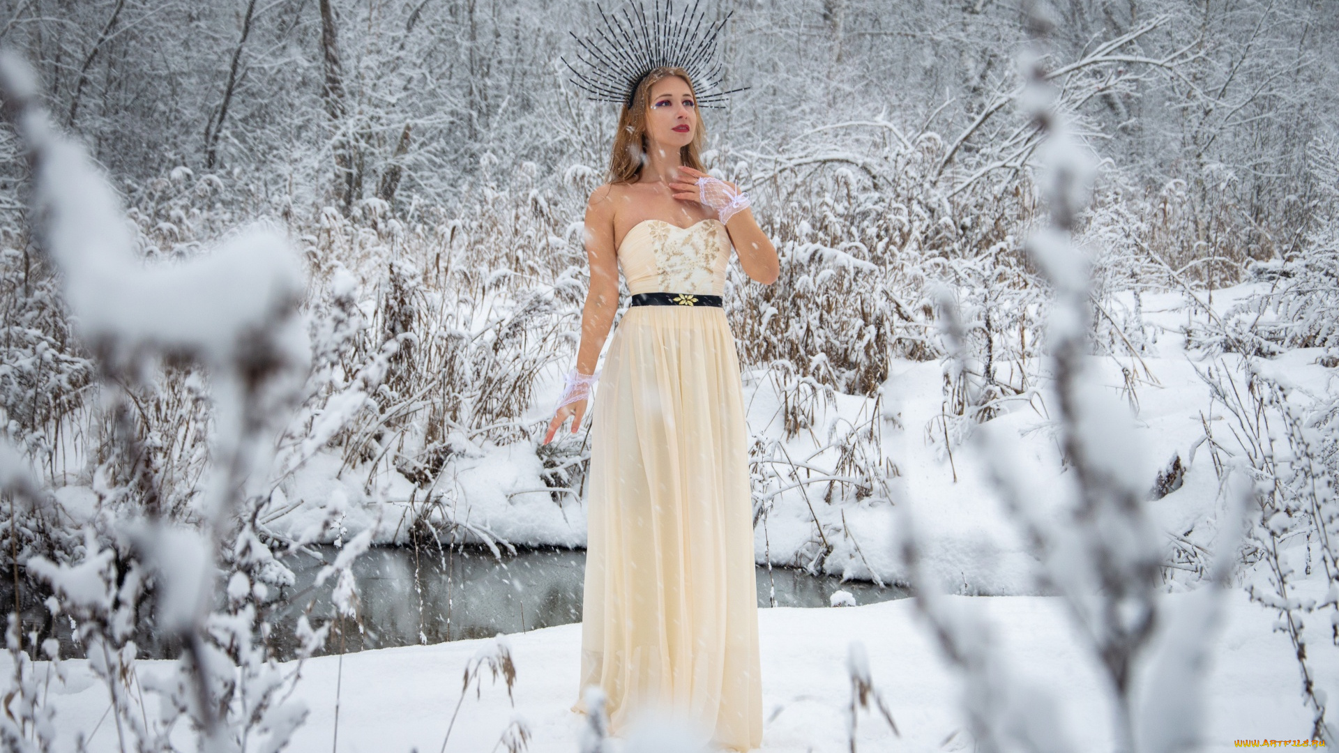 девушки, виктория, бородинова, зима, снег, белое, платье