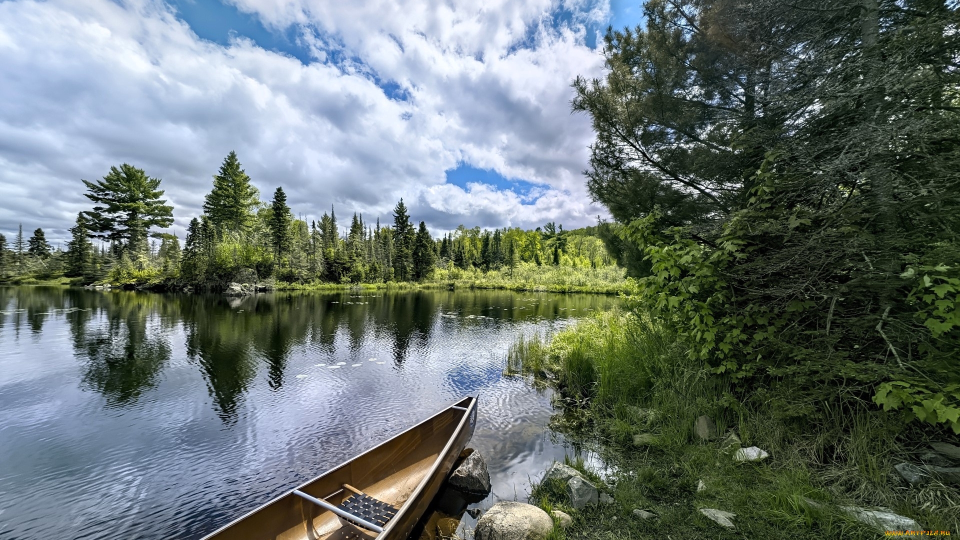 природа, реки, озера, лес, деревья, облака, лодка, река