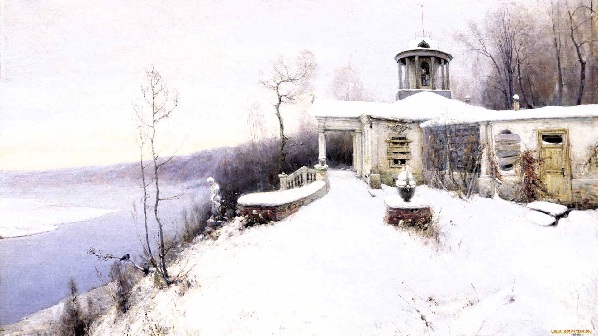 соколов, владимир, -, покинутая, усадьба, , начало, 1900, рисованное, владимир, соколов, река, снег, зима, усадьба