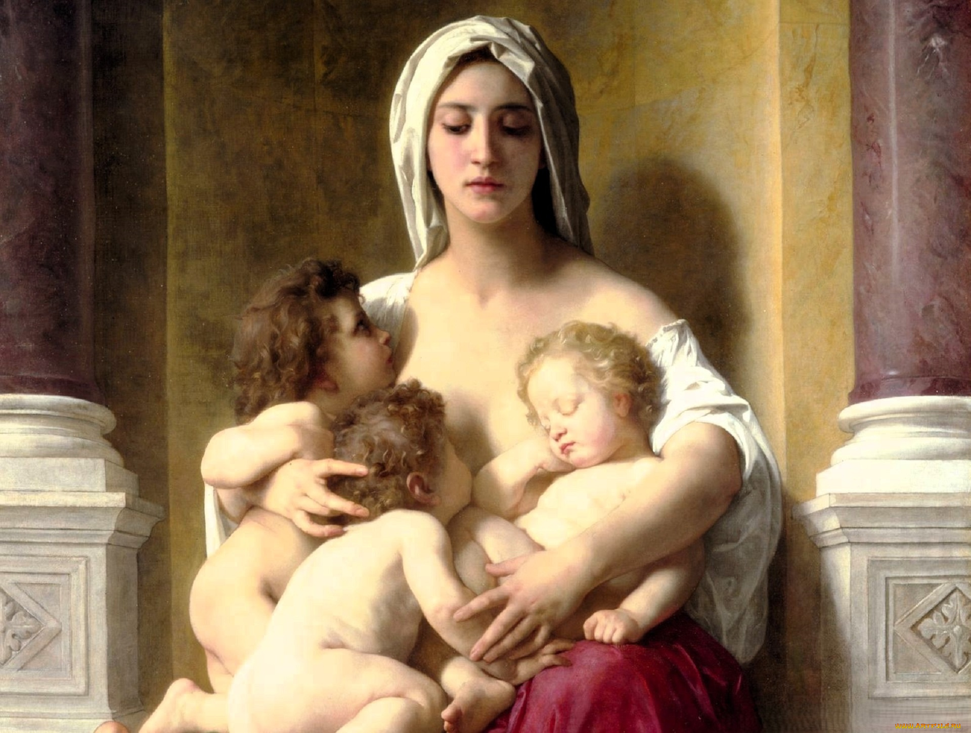 adolphe-william, bouguereau, рисованное, женщина, дети, колонны