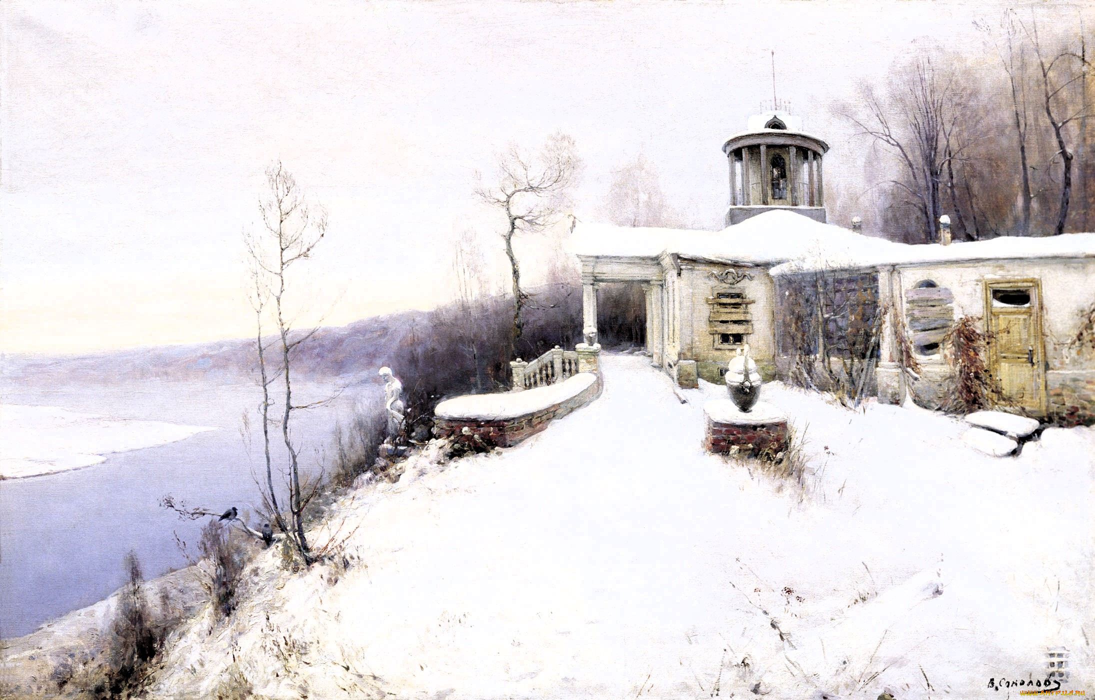 соколов, владимир, -, покинутая, усадьба, , начало, 1900, рисованное, владимир, соколов, река, снег, зима, усадьба